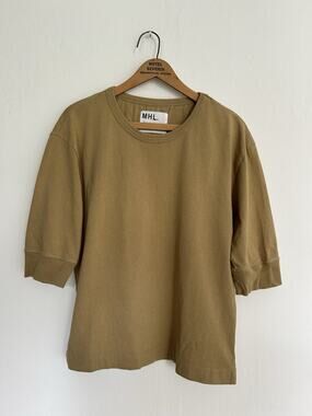 MHL Margaret Howell Khaki Beige Heavyweight Cotton Boxy T-Shirt Top Size S